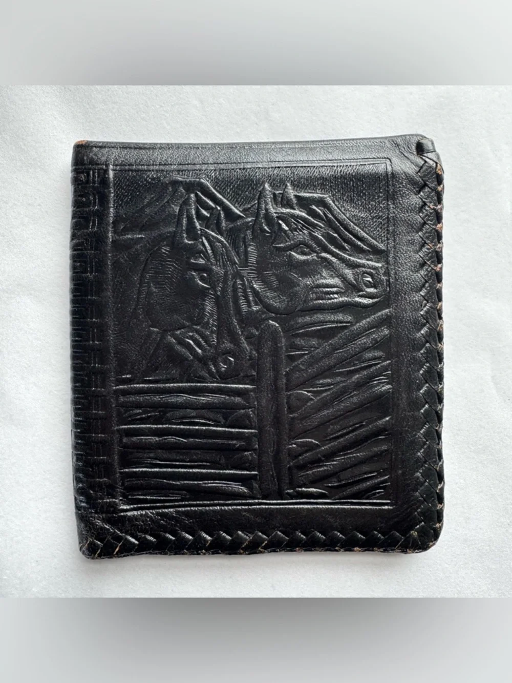 Black Genuine Leather Tooled Wallet Horses Deer Animals Western Made in Mexico